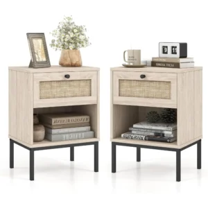 Rattan Nightstands with Drawer Set of 2, Boho Side Tables with 4 Metal Legs and Open Storage Shelf, 2 Tier Bedside Tables