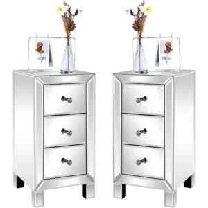 Drawer Mirrored Nightstand Set of 2, End Table, Bedside Table, Glass Nightstand for Bedroom, Living Room, Silver, 11.7"