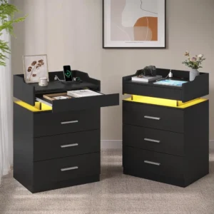 Black Nightstand Set of ,LED Night Stand with Charging Station & Pull-Out Tray,Bedside Table with Drawers,