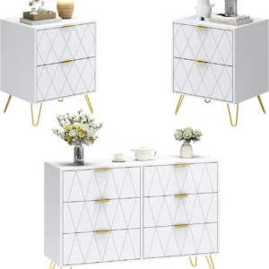 3 Pcs Bedroom Sets, 6 Drawer Dresser and Night Stand Sets for Bedroom, Two Drawers Nightstand Set Combo 3 Pieces (White)