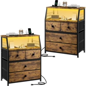 Nightstand Set of 2, Night Stand with Charging Station & LED Lights, Bedside Table with 4 Fabric Drawers for Bedroom