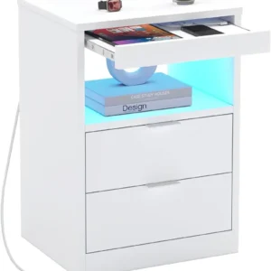 LED Nightstand White Nightstand with Wireless Charging Station 2 Drawers, Modern Bedroom End Side Table with LED Lights,